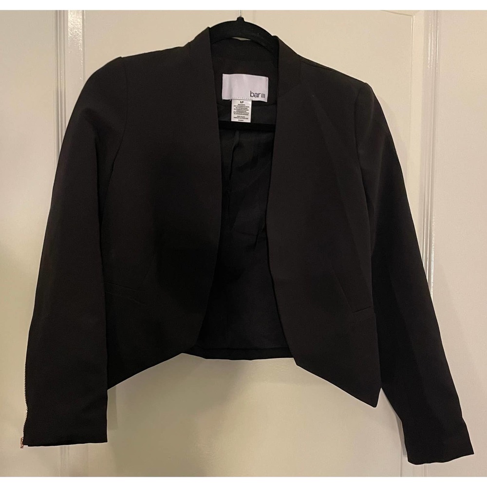 Bar III Black Asymmetrical Blazer Jacket Zippered Sleeves Small Women’s